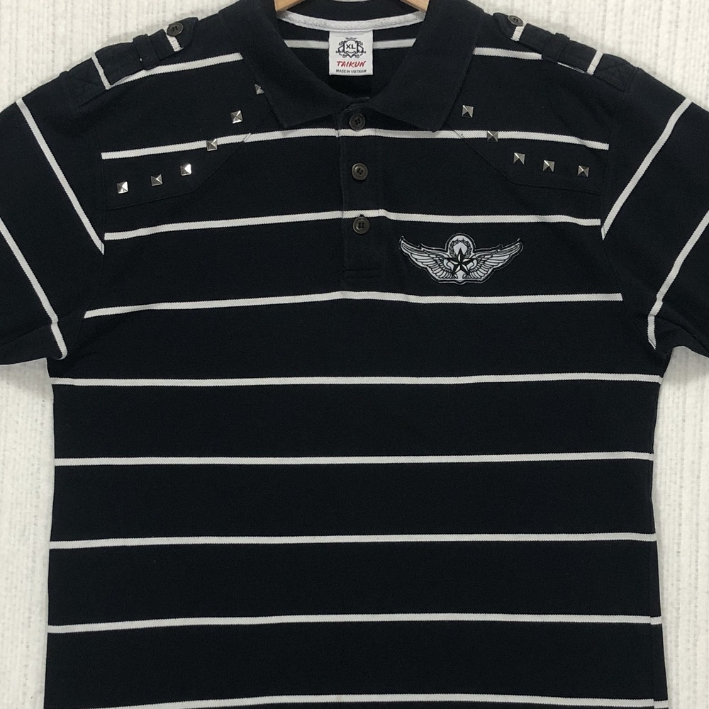 Taikun Polo Shirt XL Black White Striped Military Y2K Studded Epaulets Tactical